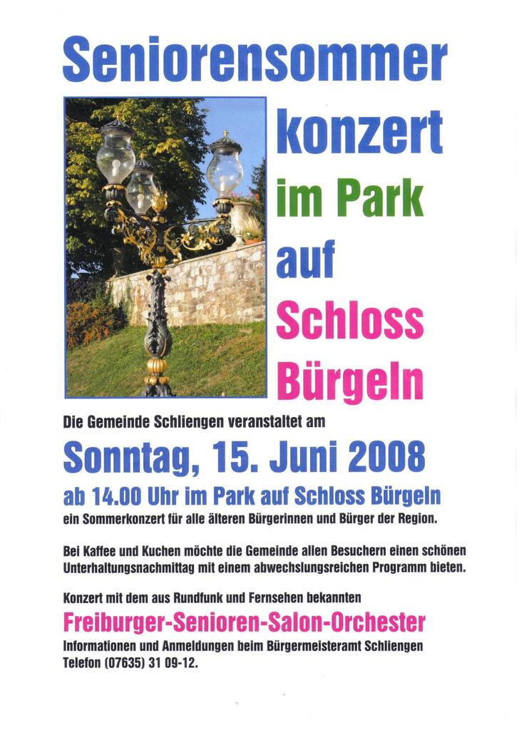 Plakat für das Konzert am 15.Juni 2008 im Schloss Bürgeln - Schliengen
